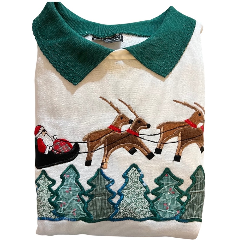 BonWorth Womens Christmas Santa‎ Sleigh Reindeer Embroidered Collared Sweatshirt